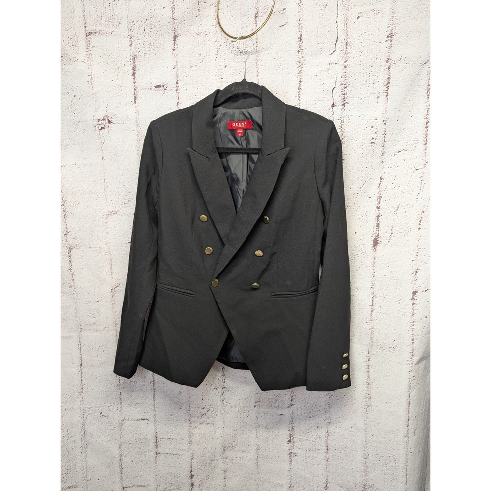 Guess Womens‎ Black Double Breast Blazer Gold Tone Button Size M Medium